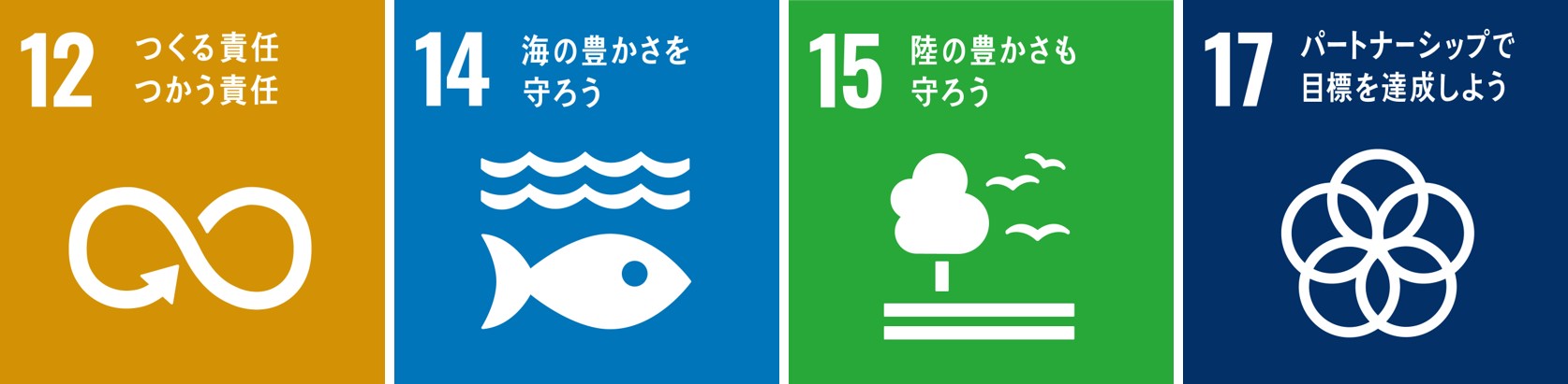 目標12（つくる責任つかう責任）,目標14（海の豊かさを守ろう）,目標15（陸の豊かさも守ろう）,目標17（パートナーシップで目標を達成しよう）