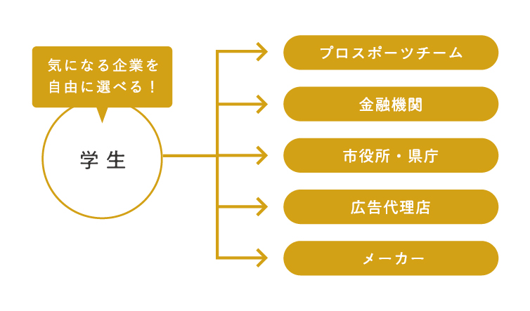 プロスポーツチーム、金融機関、マスコミ、市役所・県庁、広告代理店、メーカーなど気になる企業を自由に選べる！