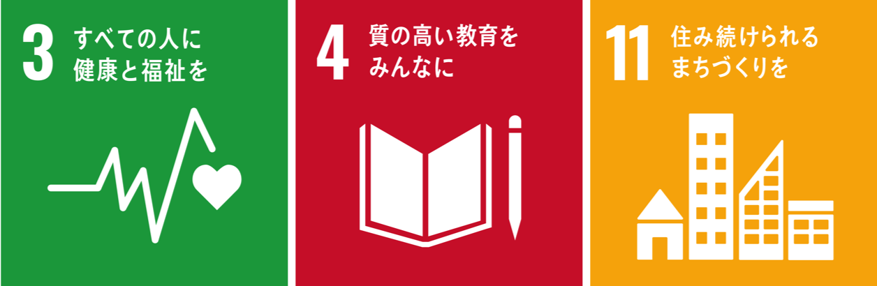 目標3（健康と福祉を）,目標4（質の高い教育をみんなに）,目標11（住み続けられるまちづくりを）