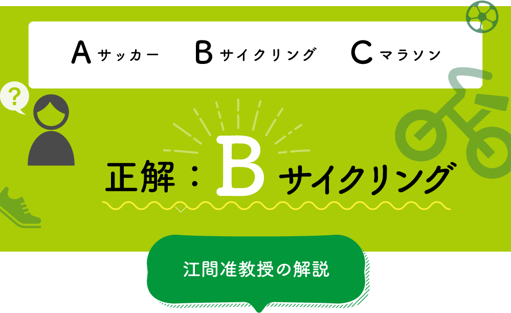 Aサッカー,Bサイクリング,Cマラソン　正解：Bサイクリング　以下江間准教授の解説