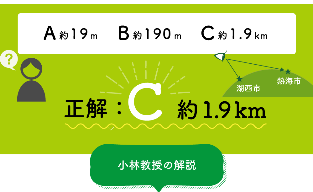 A約19m、B約190m、C約1.9km　正解：C約1.9km　以下小林教授の解説