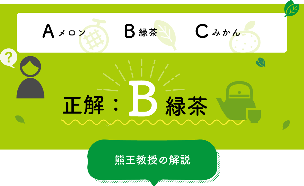 Aメロン,B緑茶,Cみかん 正解：B緑茶 以下熊王教授の解説